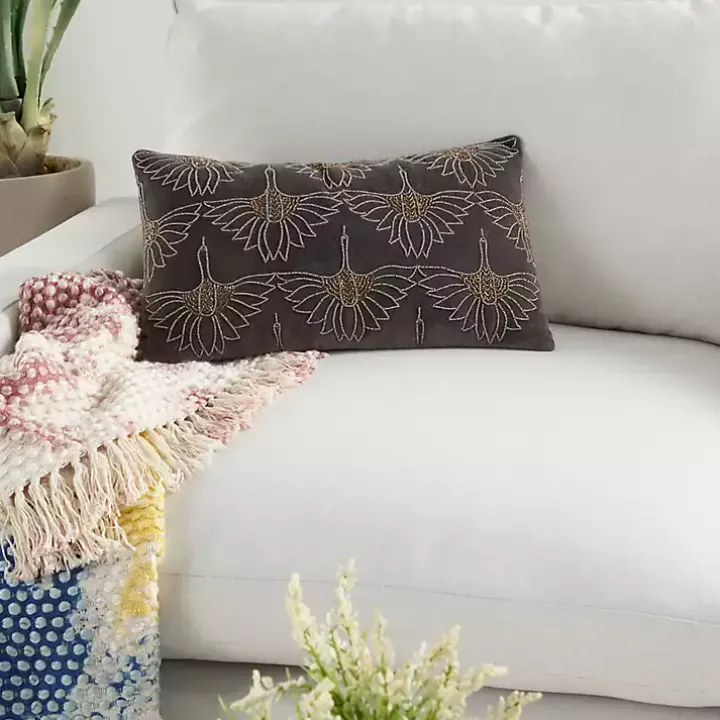 Dark Gray Beaded Deco Lumbar Pillow