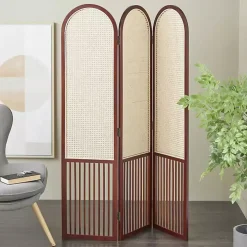 Dark Wood & Rattan Arched Trifold Room Divider