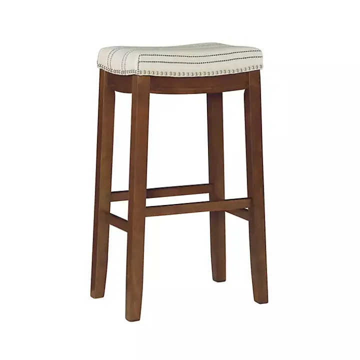 Dark Wood Bar Stool with Gray Striped Cushion