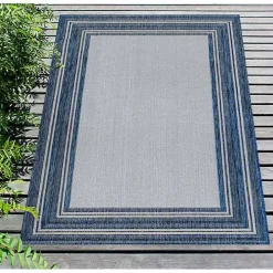 Deep Aqua Threaded Frame Outdoor Area Rug, 6x9