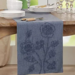 Deep Blue Floral Embroidered Table Runner