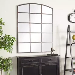 Distressed Black Metal Windowpane Arched Mirror