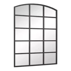 Distressed Black Metal Windowpane Arched Mirror