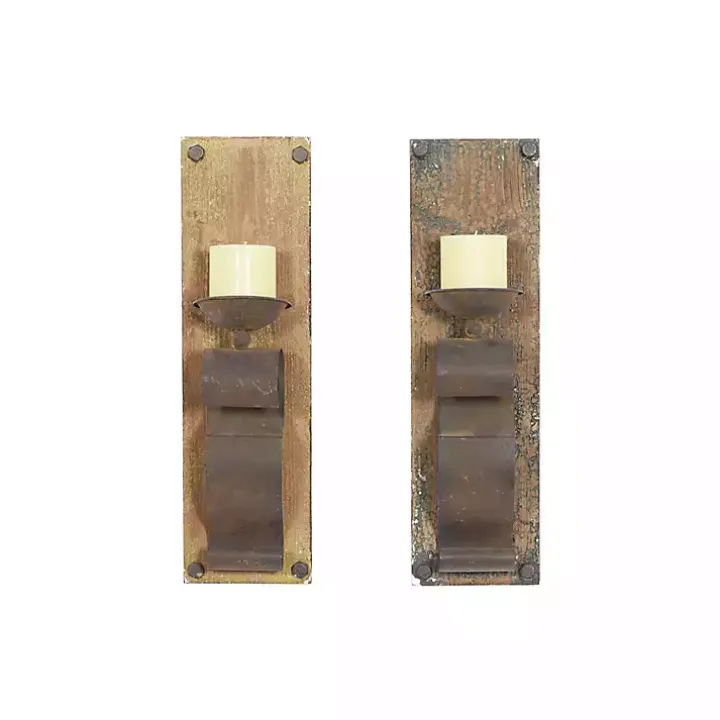 Distressed Brown Wood Wall Sconces, Set of 2