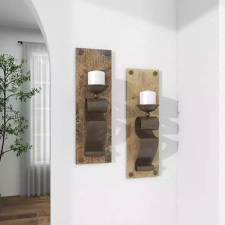 Distressed Brown Wood Wall Sconces, Set of 2
