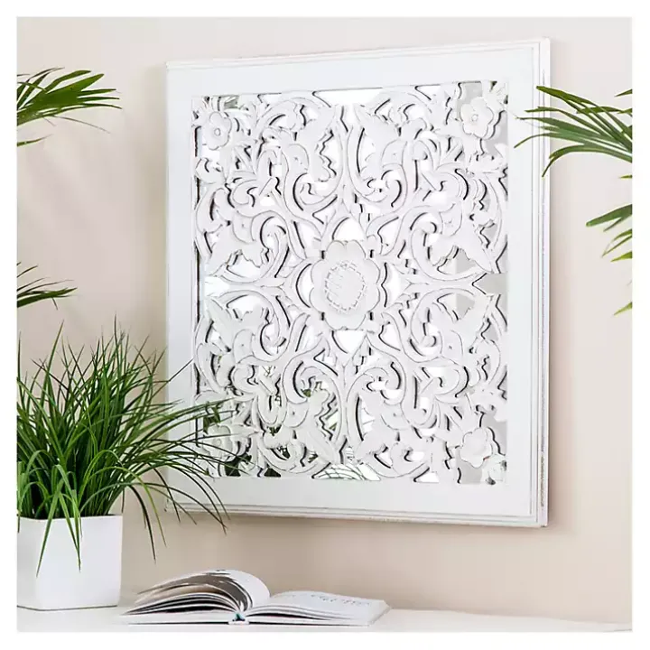 Distressed Cream Carved Floral Medallion Mirror