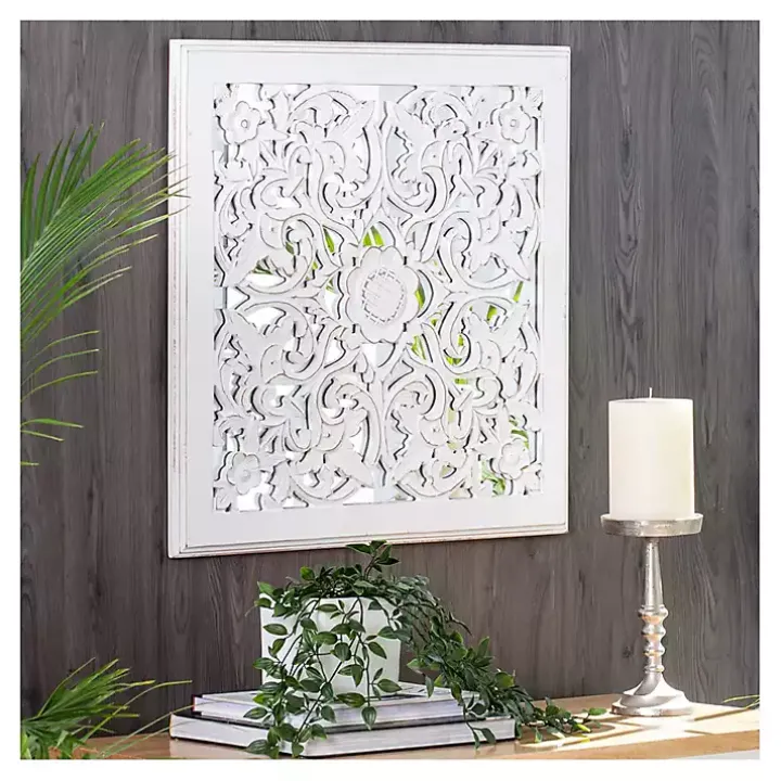 Distressed Cream Carved Floral Medallion Mirror