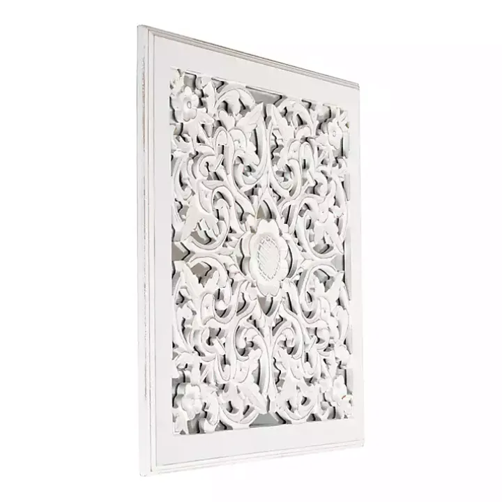 Distressed Cream Carved Floral Medallion Mirror