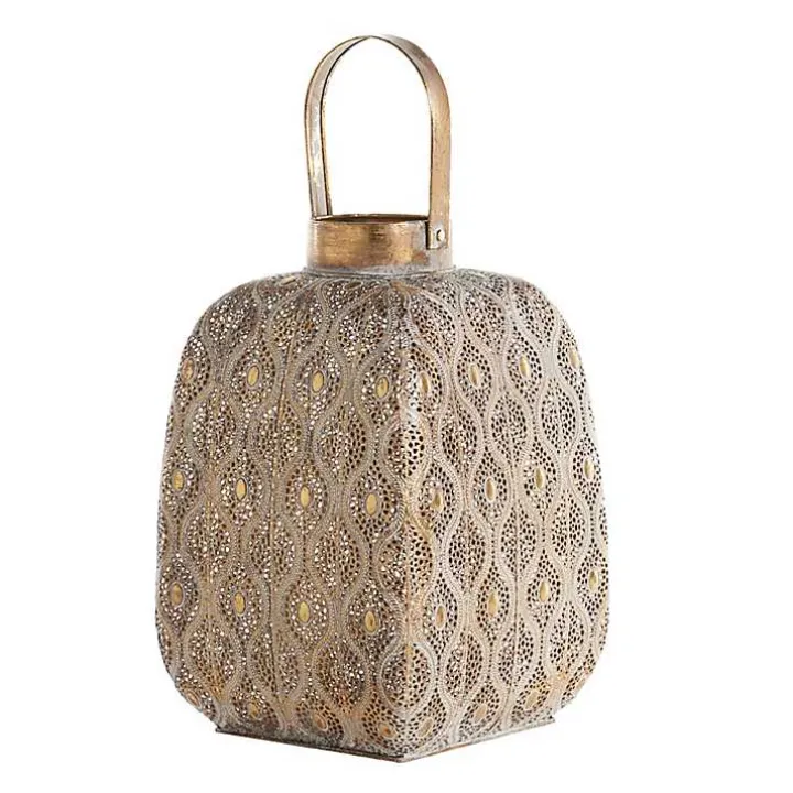 Distressed Gold Metal Cutout Lantern