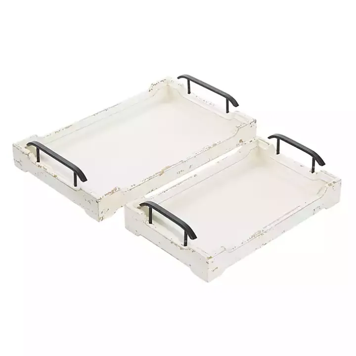 Distressed Ivory Wood Trays, Set of 2