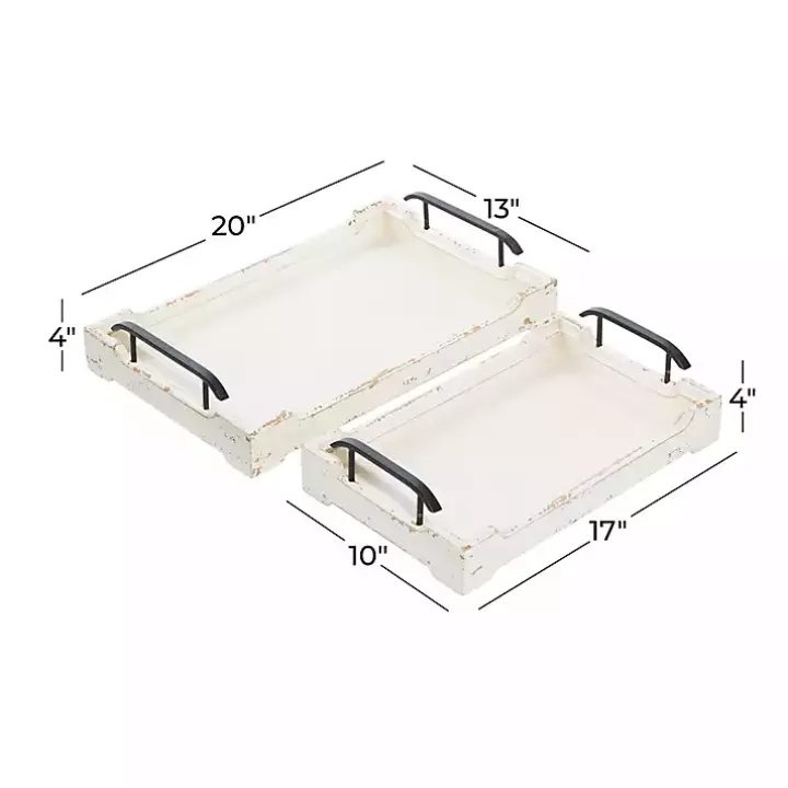Distressed Ivory Wood Trays, Set of 2