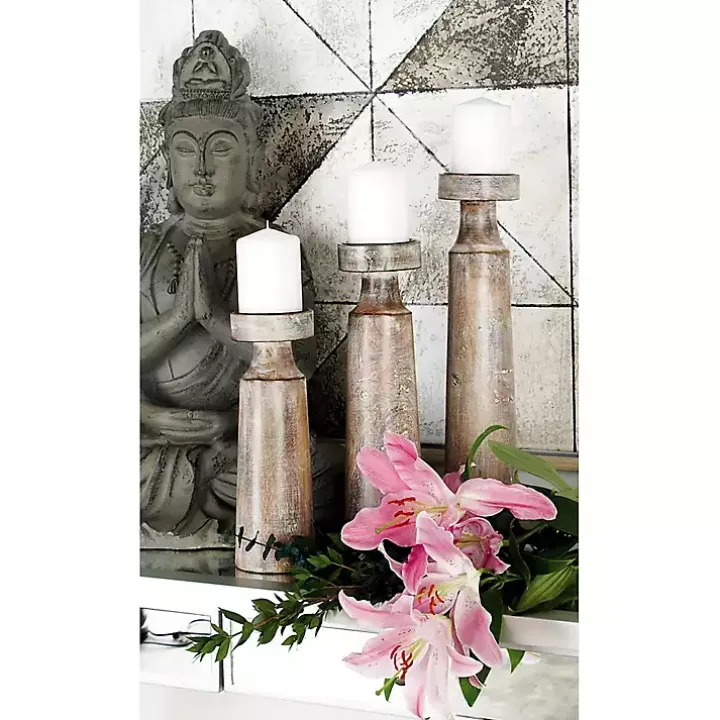 Distressed Mocha Mango Wood Candlesticks, Set of 3