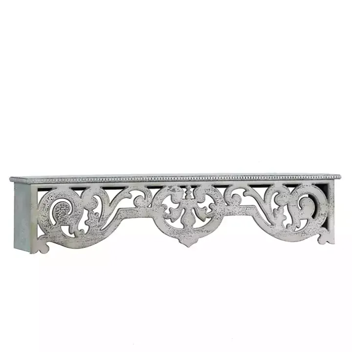 Distressed White Carved Wood Wall Shelf