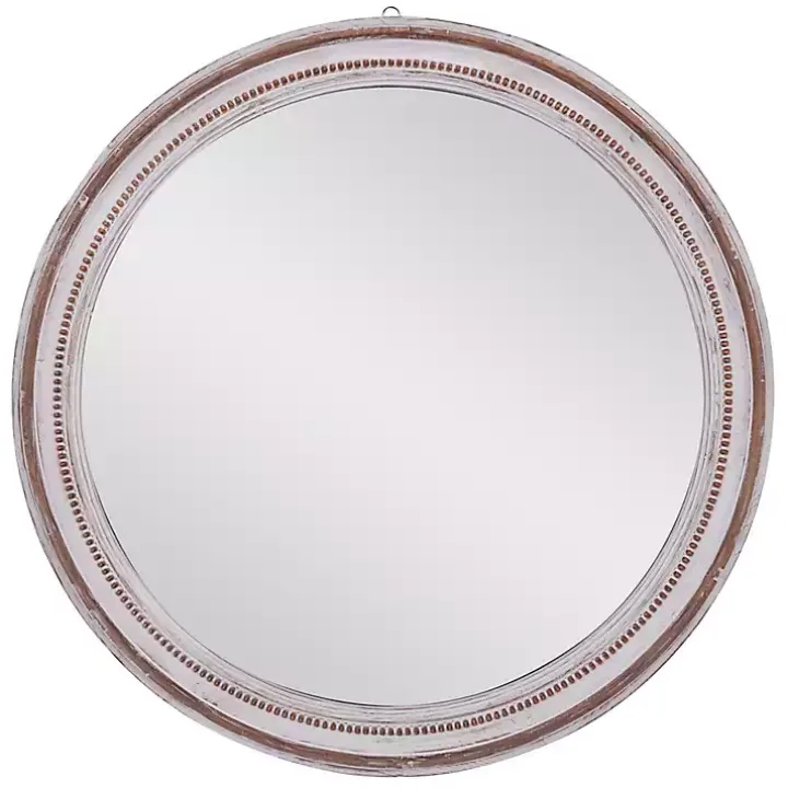 Distressed White Wood Round Frame Wall Mirror