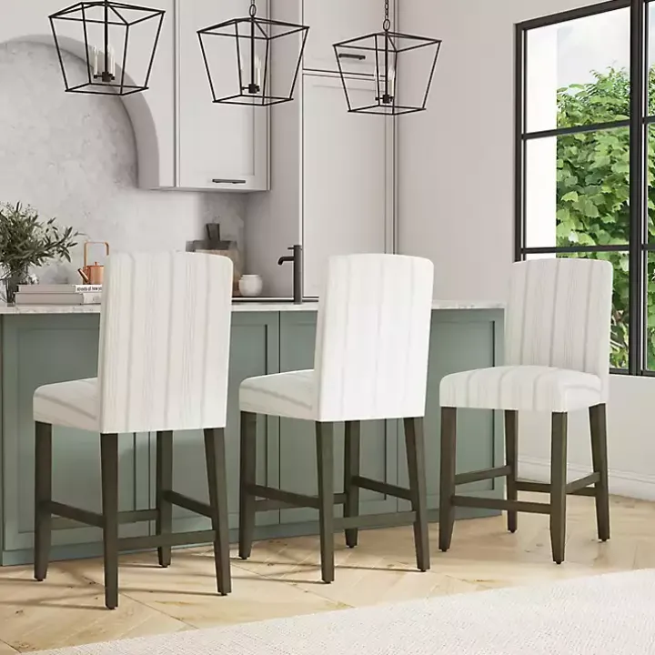 Dove Gray Striped Upholstered Bar Stool