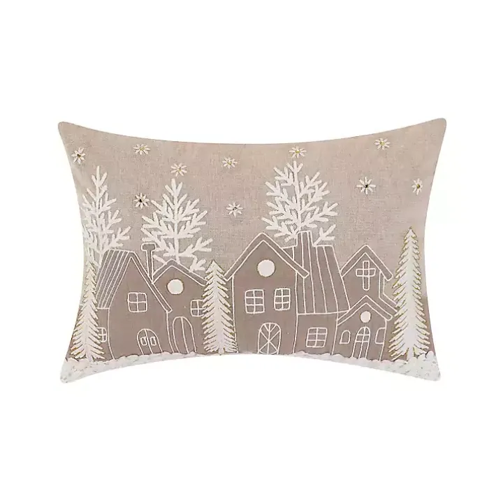 Embroidered Neutral Village Lumbar Pillow