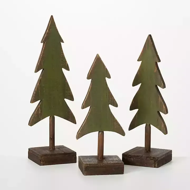 Evergreen Tree Wood Figurines, Set of 3