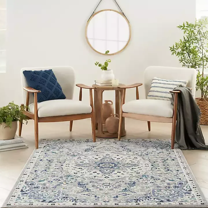 Faded Gray & Blue Floral Medallion Area Rug, 5x7