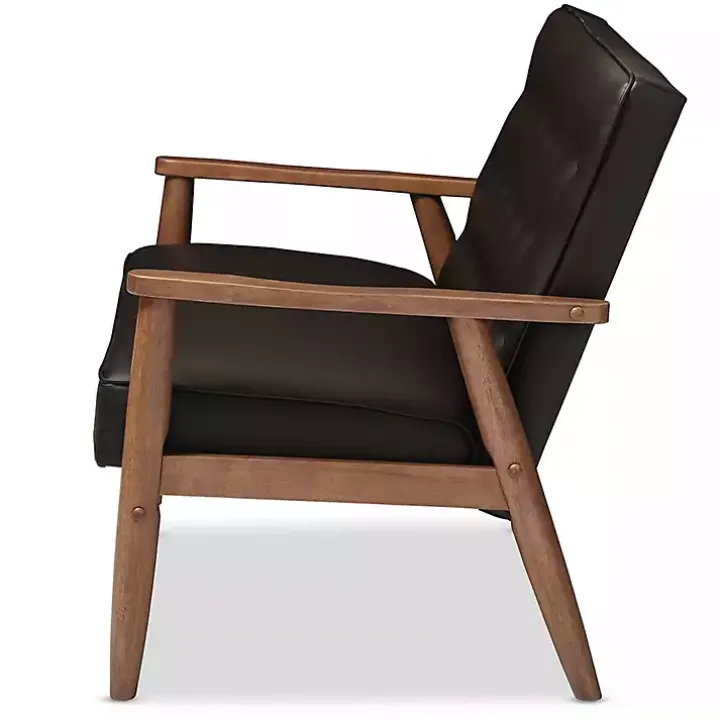 Faux Brown Leather and Rubberwood Loveseat, 49 in.