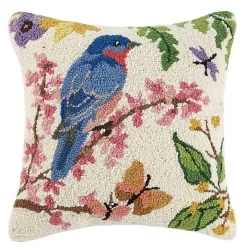 Floral Bluebird Hooked Wool Pillow