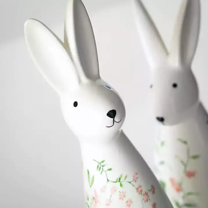 Floral Ceramic Bunny Figurines, Set of 2