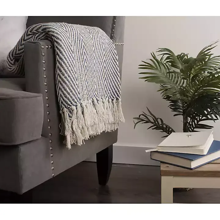 French Blue Chevron and Fringe Throw