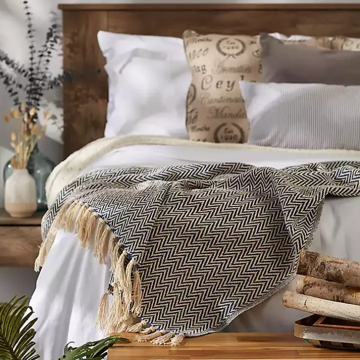 French Blue Chevron Fringe Throw