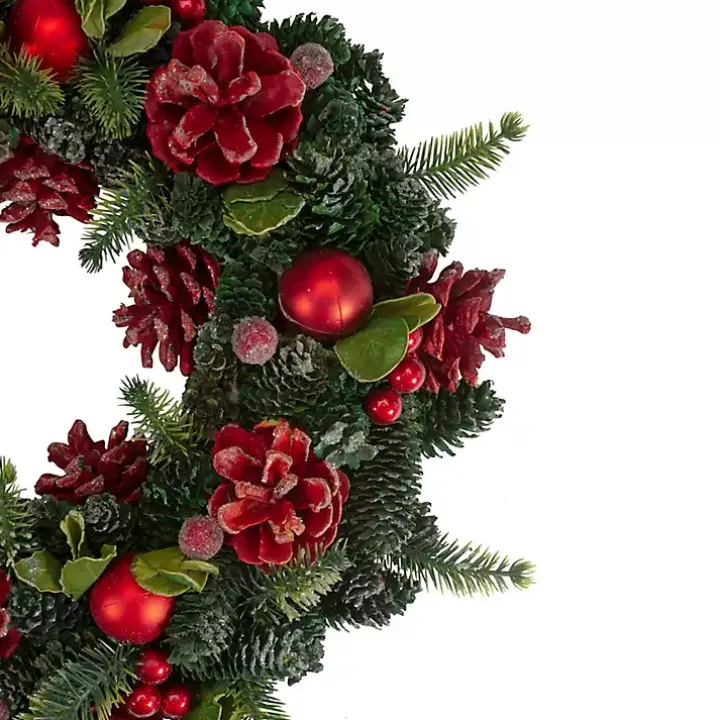 Frosted Red Ornament and Pinecone Wreath