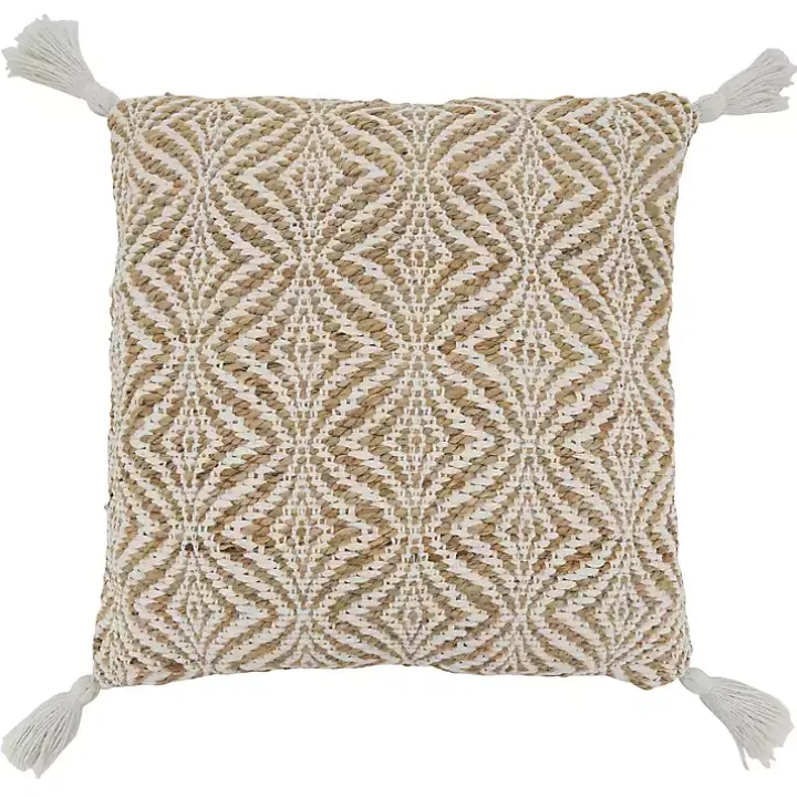 Geometric Woven Jute Tassel Throw Pillow