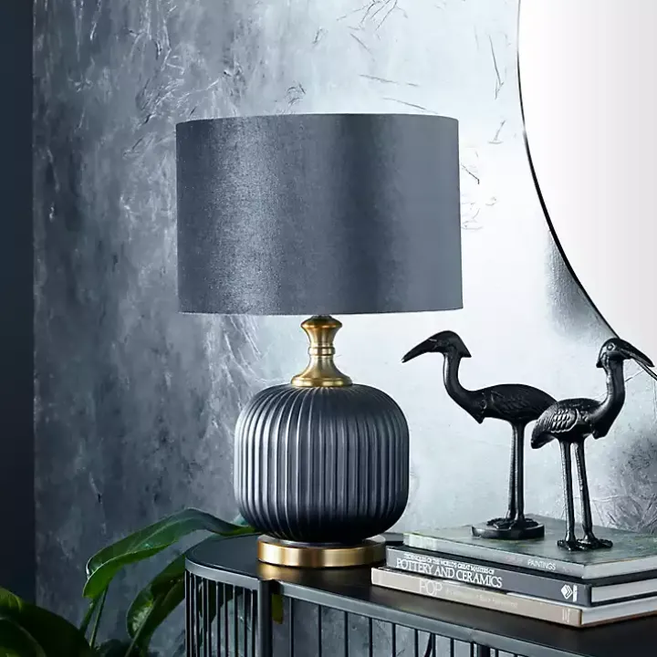 Glass Base Round Blue Velvet Shade Table Lamp