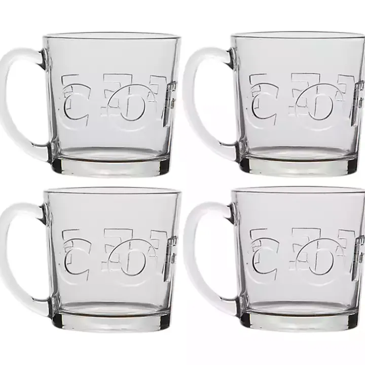 Glass Embossed Coffee Mugs, Set of 4