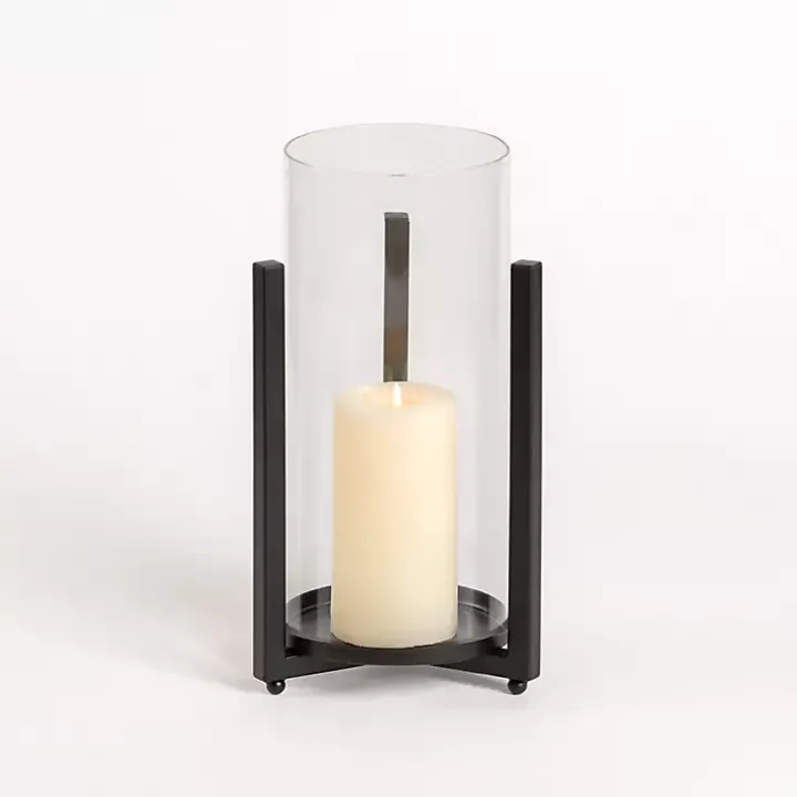 Glass Hurricane with Black Metal Stand, 9.5 in.