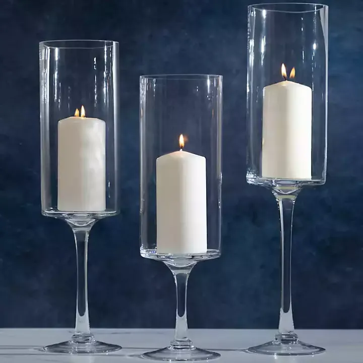 Glass Stem Hurricanes, Set of 3