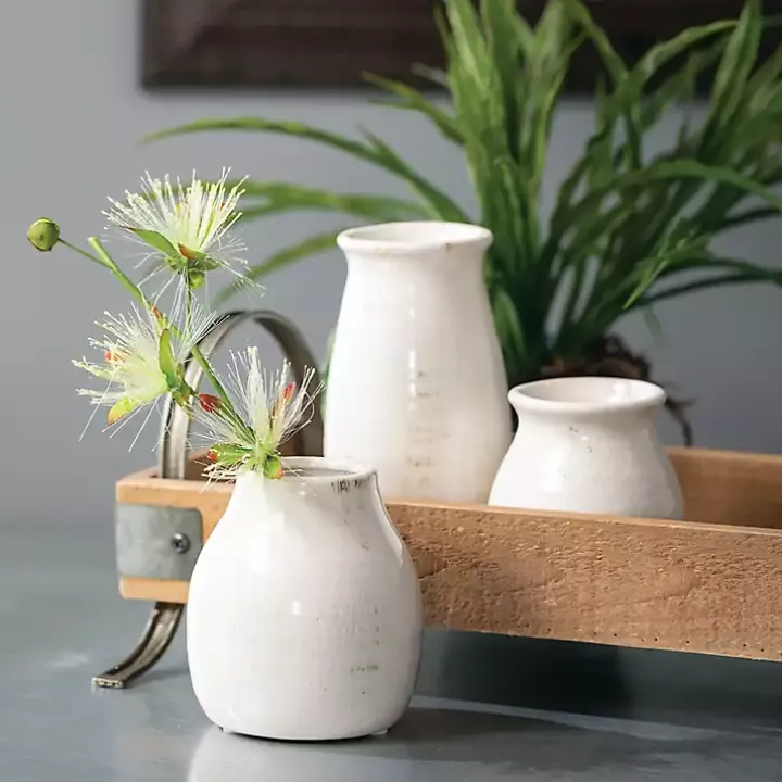 Glossy White Curved Vases, Set of 3