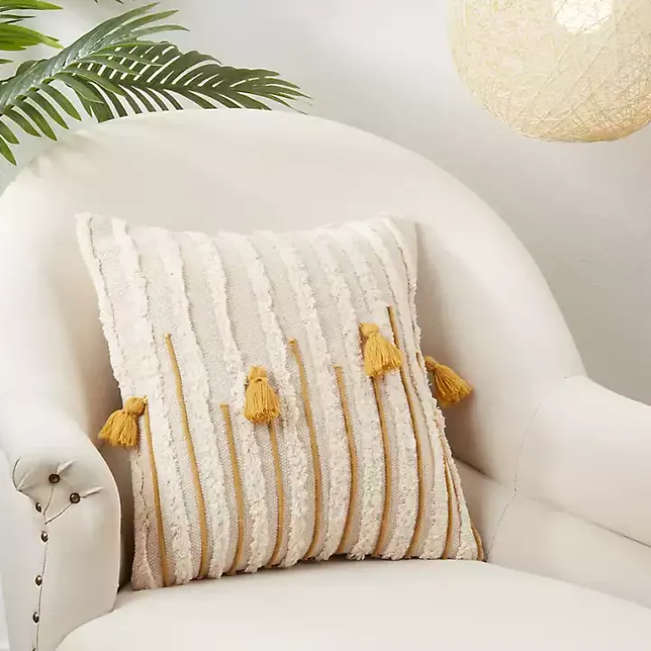 Gold & Cream Tufted Tassels Throw Pillow