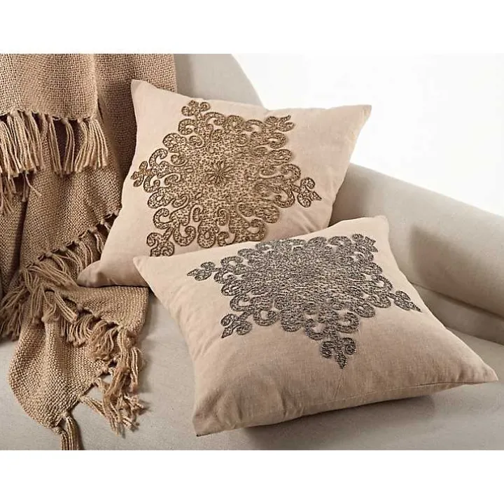 Gold Beaded Snowflake Down Throw Pillow