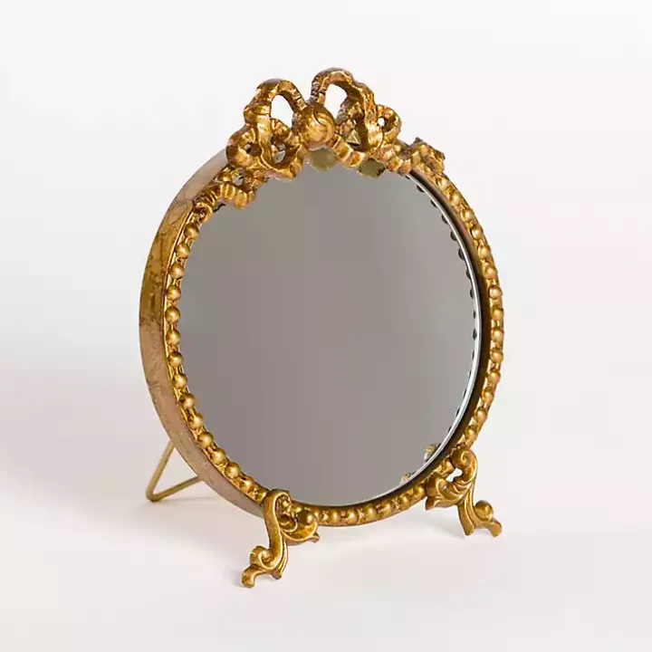 Gold Bow Beaded Tabletop Mirror