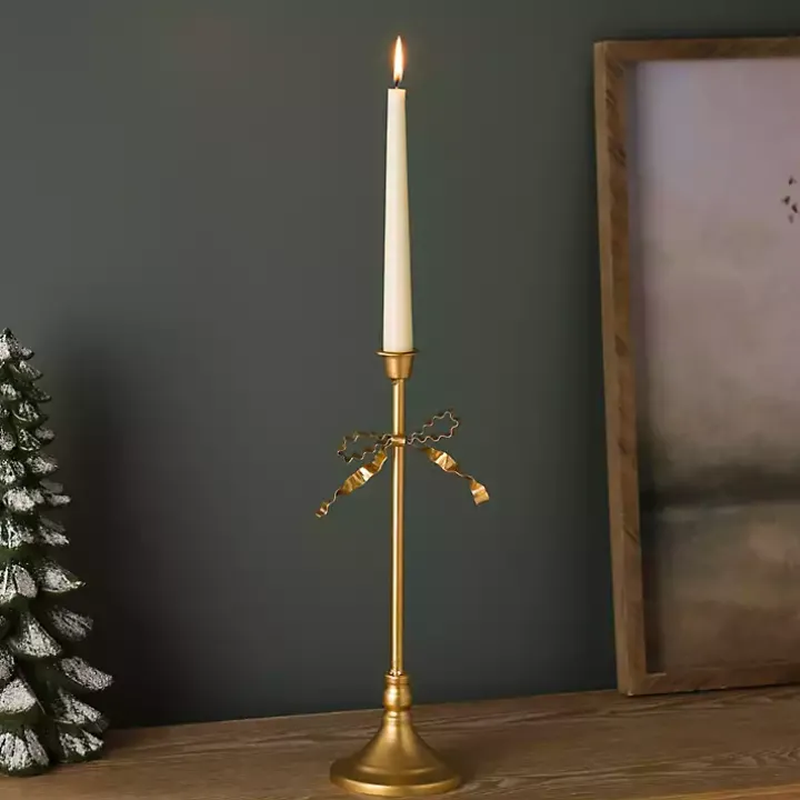 Gold Bow Taper Candle Holder, 14 in.