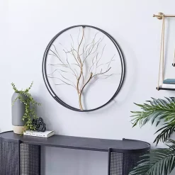 Gold Iron Leaf-Less Tree Round Frame Wall Plaque