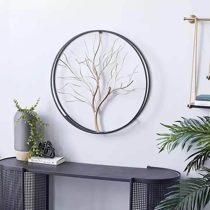 Gold Iron Leaf-Less Tree Round Frame Wall Plaque