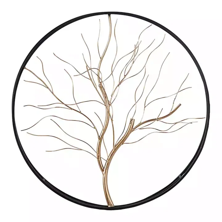 Gold Iron Leaf-Less Tree Round Frame Wall Plaque
