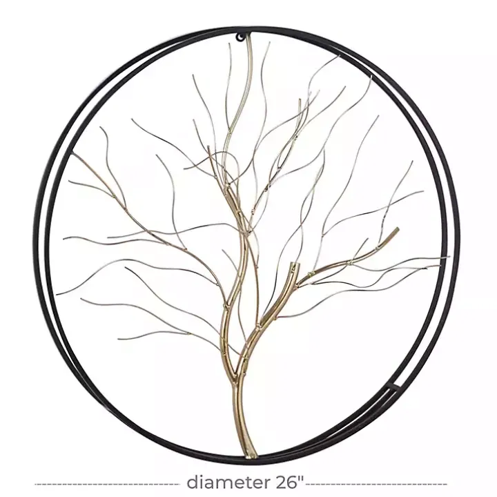 Gold Iron Leaf-Less Tree Round Frame Wall Plaque
