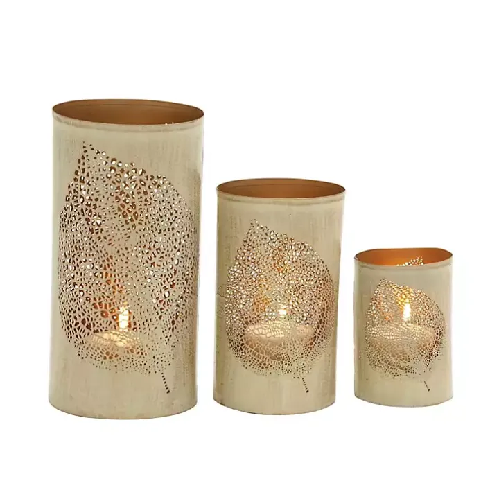 Gold Leaf Metal Candle Holders, Set of 3