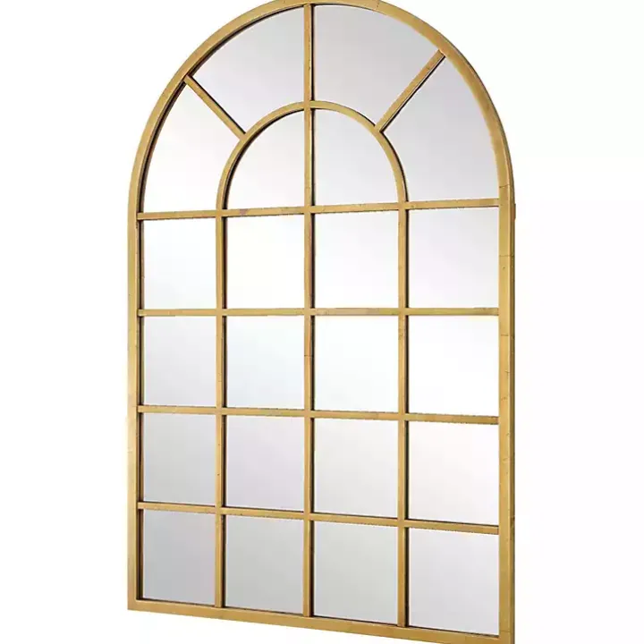 Gold Leaf Metal Windowpane Arch Frame Mirror