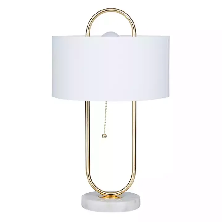 Gold Metal Open Loop Stem White Round Table Lamp