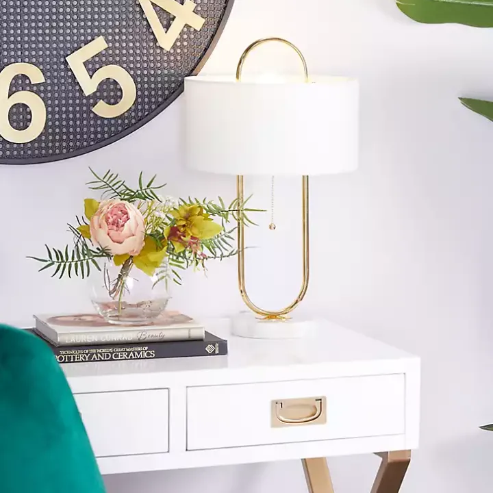 Gold Metal Open Loop Stem White Round Table Lamp