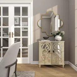 Gold Wood Carved Scroll Mirrored Cabinet
