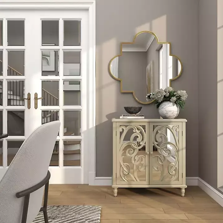 Gold Wood Carved Scroll Mirrored Cabinet