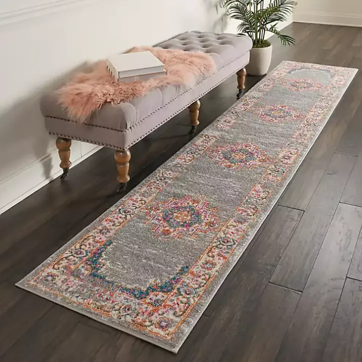 Gray & Pink Central Motif Botanical Runner