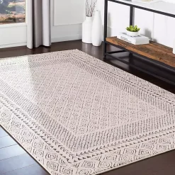 Gray and Cream Border Harrah Area Rug, 7x10